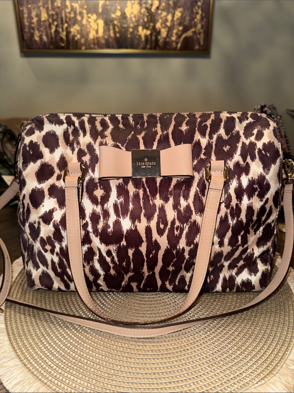 kate spade Leopard Print Satchel with Blush Pink Bow and Straps